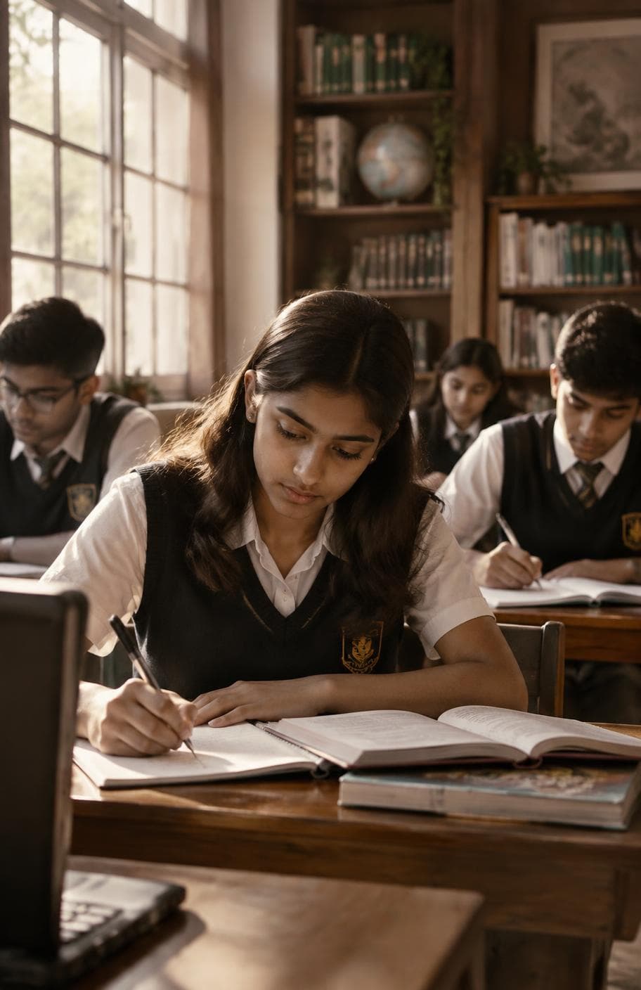 Students writing their weekly test in a Veda classroom